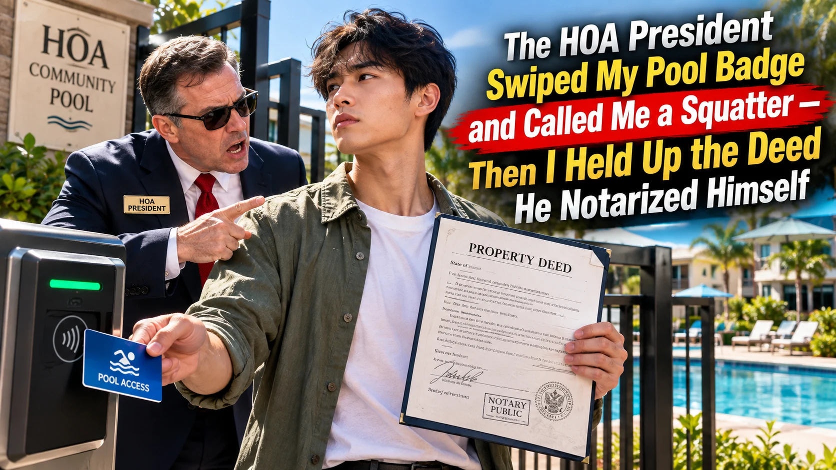 The HOA President Swiped My Pool Badge and Called Me a Squatter — Then I Held Up the Deed He Notarized Himself
