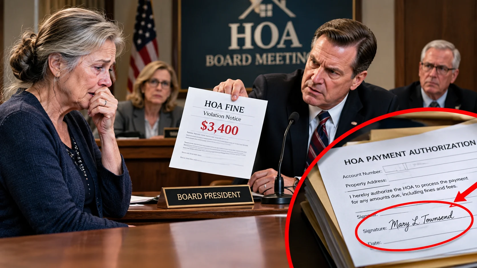 At the HOA Hearing, the Board President Fined a Widow $3,400—Then Her Own Signature Came Back to the Table